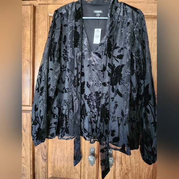 Express Black Velvet Floral Long Sleeve Blouse Size XL NWT - Picture 7 of 12